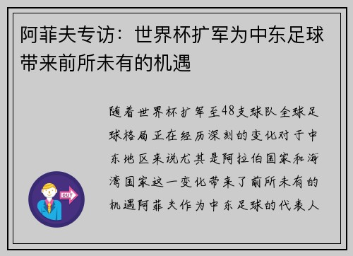 阿菲夫专访:世界杯扩军为中东足球带来前所未有的机遇 阿菲夫专访:世界杯扩军为中东足球带来前所未有的机遇